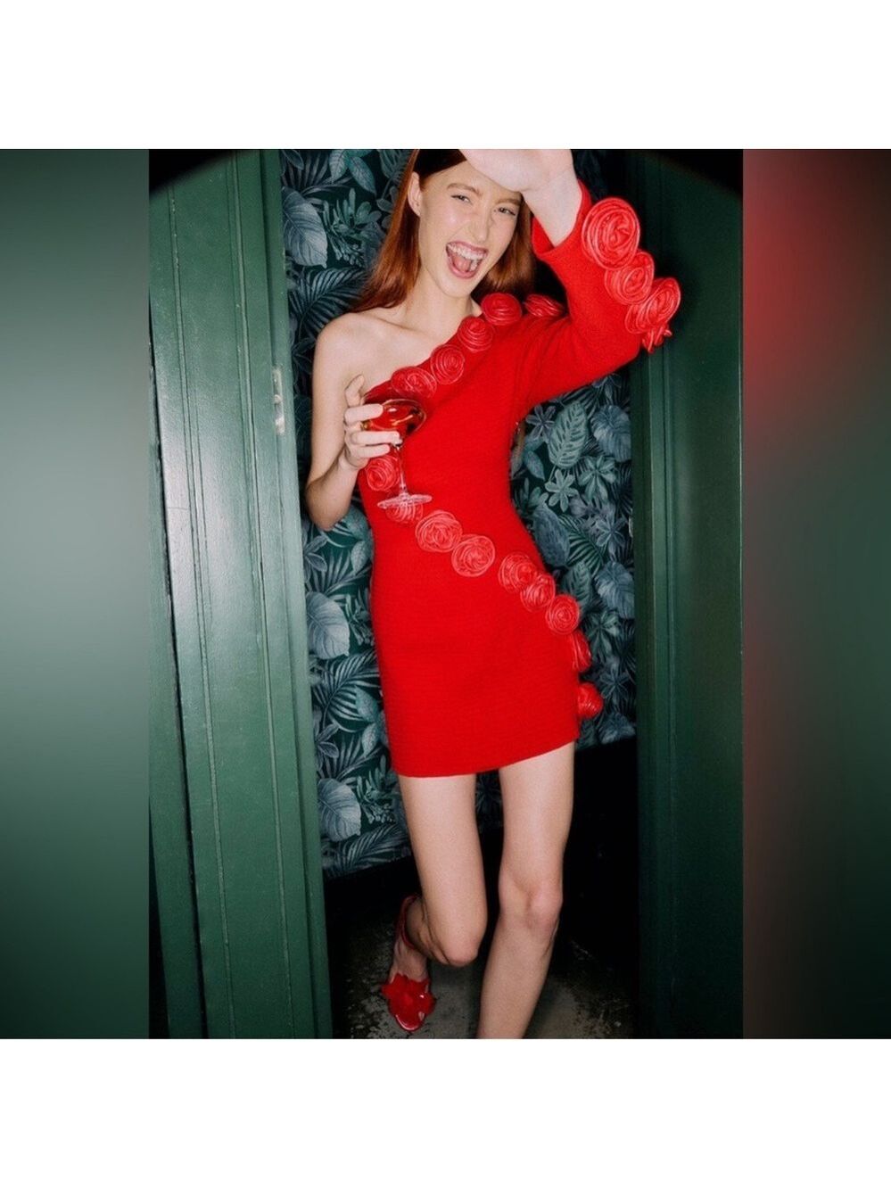Farm Rio Red Roses One-Shoulder Slim Mini Dress
